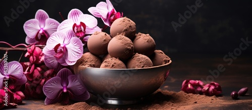 Orchid flowers and cocoa po...