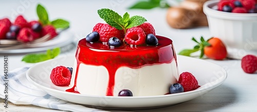 Italian Panna cotta dessert made with cream gelatin strawberry sauce and fresh berries on white table with space for text photo