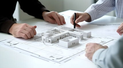 Close up of architectural model of a modern buildings, group of an architect gathered around and discussing about an architecture model together
