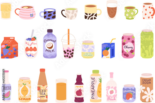 Drinks and beverages collection. Coffee and tea, milk shake, juice and cocktail. Liquids in bottles, cans and paper box. Isolated cups vector set