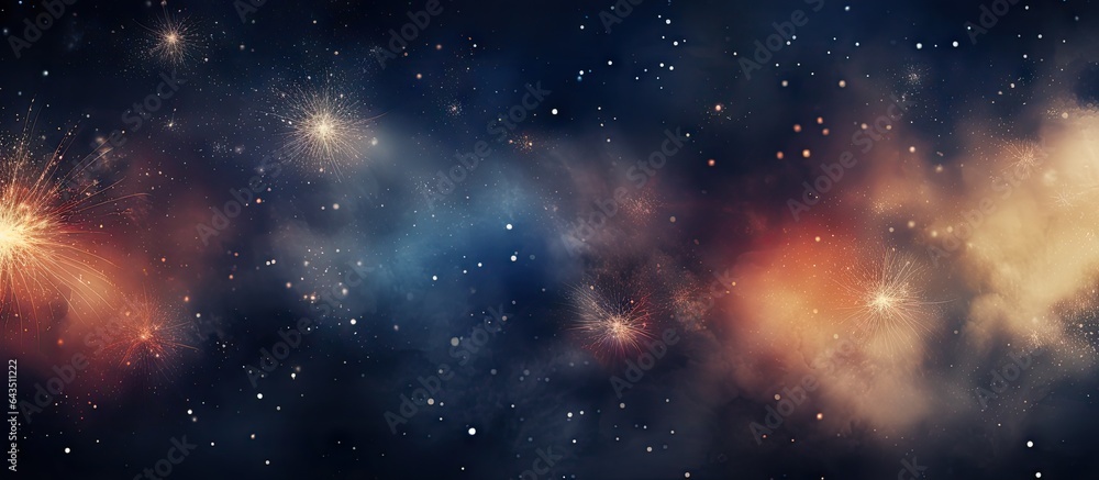 Close up abstract background of fireworks in the night sky with space for text