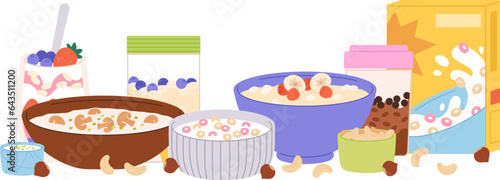 Porridge and corn flakes. Isolated bowls with milk and fast breakfast, granola and nuts. Healthy snack, vector children food in plates concept