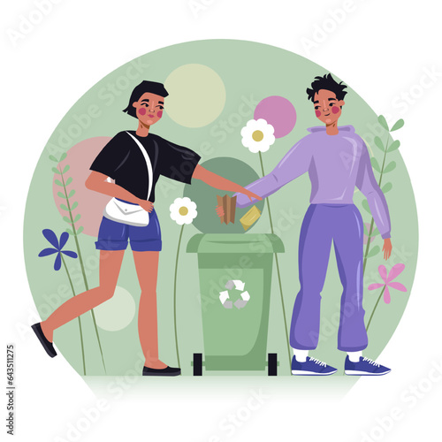 Young lady walking and throws paper trash into the trash bin. Man throws paper in container. Waste sorting and recycling concept. Flat vector illustration in cartoon style
