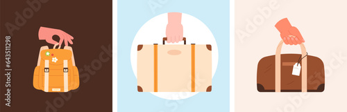 Travel concept. Hand holding luggage, sport bag, backpack and case. Cards with bags, tourist and school time. Business class flight, vector elements