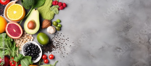 Healthy food selection with fruits vegetables seeds and cereals on a gray background with empty space