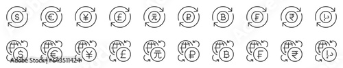 Money and currency exchange, thin line icon set. Symbol collection in transparent background. Editable vector stroke. 512x512 Pixel Perfect.