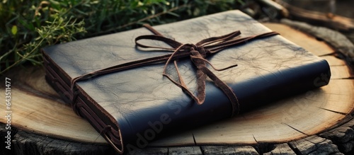 Black leather bound journal with cord placed outside on table with space for copy