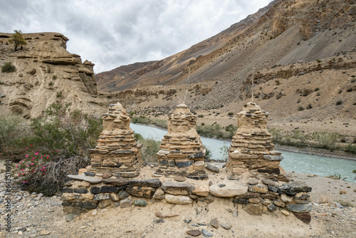 Ancient stupas along the Tsarab Chu River, Zanskar, Ladakh, India