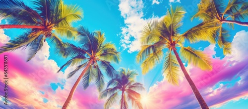 Bright multicolored palm trees against a blue sky with clouds © vxnaghiyev