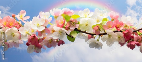 Selective focus of a fruit tree s crown against a spring rainbow backdrop providing copy space