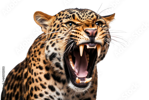 Portrait of Leopard or Cheetah that roaring isolated on transparent background, Panthera pardus looking at camera, wildlife animal