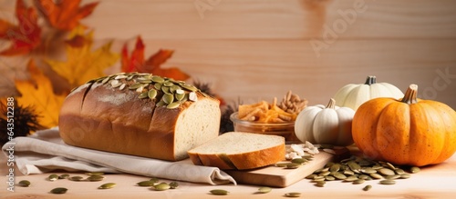 Home baked concept with autumn decor and pumpkin seeds on a wooden cutting board