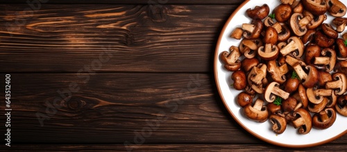 Shiitake mushrooms on a brown plate top view rustic wooden background