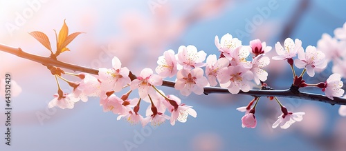Cherry and plum trees bloom in spring with a selective focus and copy space in the background