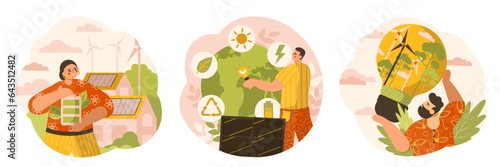 Eco technology, windmills in daily life. Woman standing near building with installed solar panels. Green energy source concept. Flat vector illustration in green and yellow colors