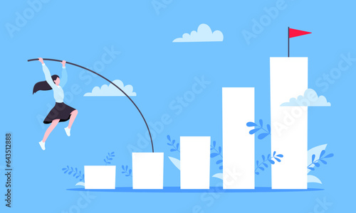 Busineswoman jumps pole vault over graph bars flat style design vector illustration business concept. Business growth and goal achievement concept.