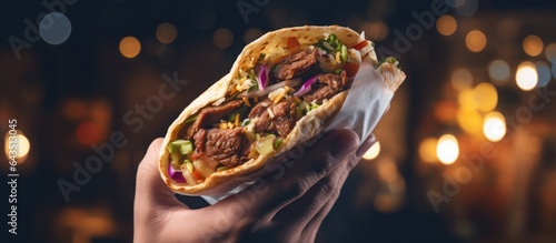 Close up street fast food banner with space showing shawarma in pita bread hand holding kebab or sandwich