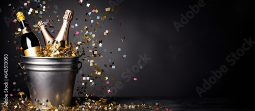 A zoomed in image of a bucket containing confetti champagne bottle and glasses on a grey background