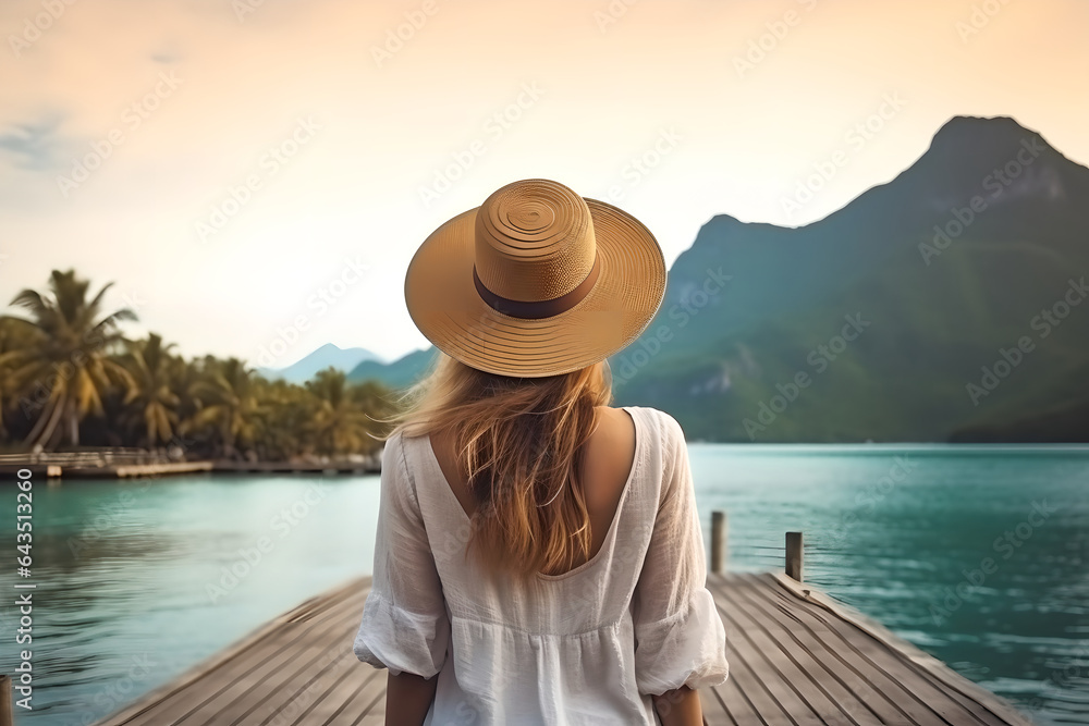 Back view of young woman traveler wearing hat and beach clothes standing on tropical pier looking at the blue sea