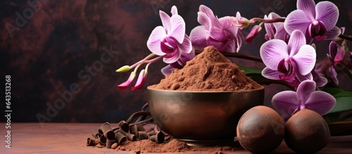Orchid flowers and cocoa po...