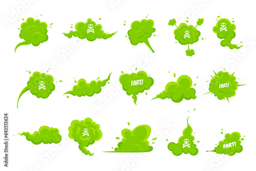 Smelling green cartoon smoke or fart clouds flat style design vector illustration set. Bad stink or toxic aroma cartoon smoke cloud isolated on white background.