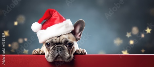 French bulldog with Santa hat and Christmas sign in a commercial © vxnaghiyev
