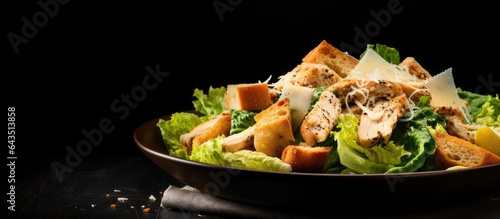 Healthy homemade Caesar salad with chicken lettuce lemon toast caesar sauce cheese and garlic