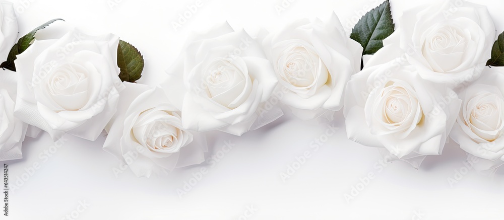 Fototapeta premium Close up of white rose flowers on white background with copy space featured on a banner