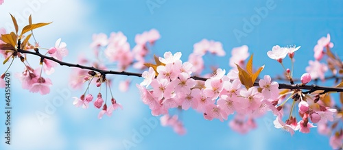 Macro photo of small pink flowers tree branches spring season lovely springtime blue sky fresh green leaves