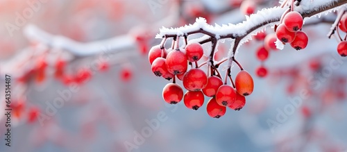 Hoarfrost covers frozen red berries on a winter day