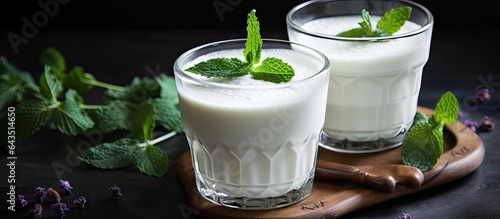 Yogurt based Turkish beverage Ayran or Kefir resembling buttermilk photo