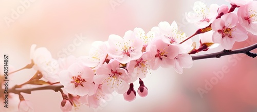 Cherry and plum trees bloom in early spring creating a background with focused flowers and space for text