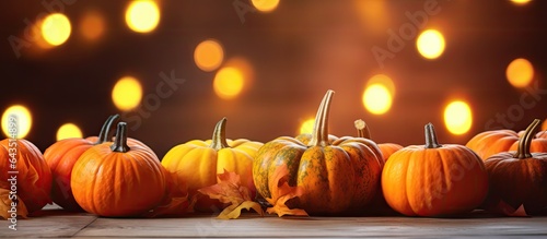 High quality autumn background with sun glare yellow and orange pumpkins on wooden background blurry lights and copy space