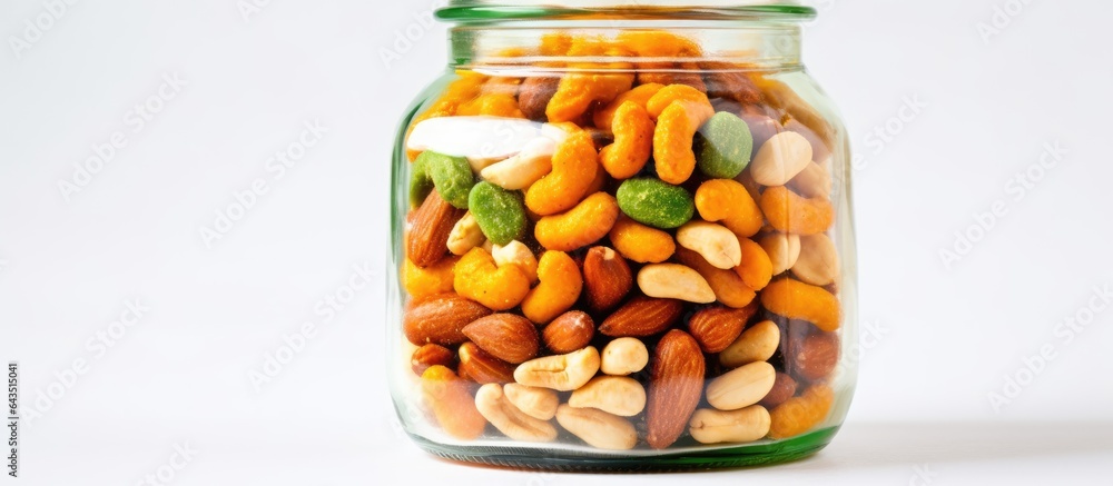 Assorted peanuts with flour coating and spice in a glass bottle White background close up shot Copy space Assorted peanuts with flour coating and spice in a glass bottle White background close up shot Copy space