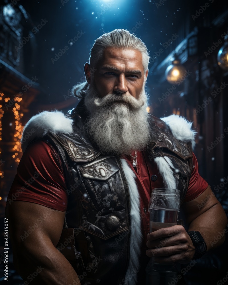 Brutal Santa Claus at a New Year's party in a nightclub, a bearded grandfather in a stylish suit. Created with AI