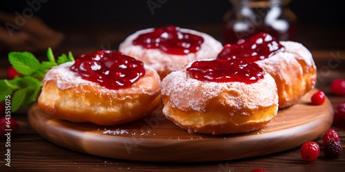 Plate full of jam-filled donuts with sugar coating held 