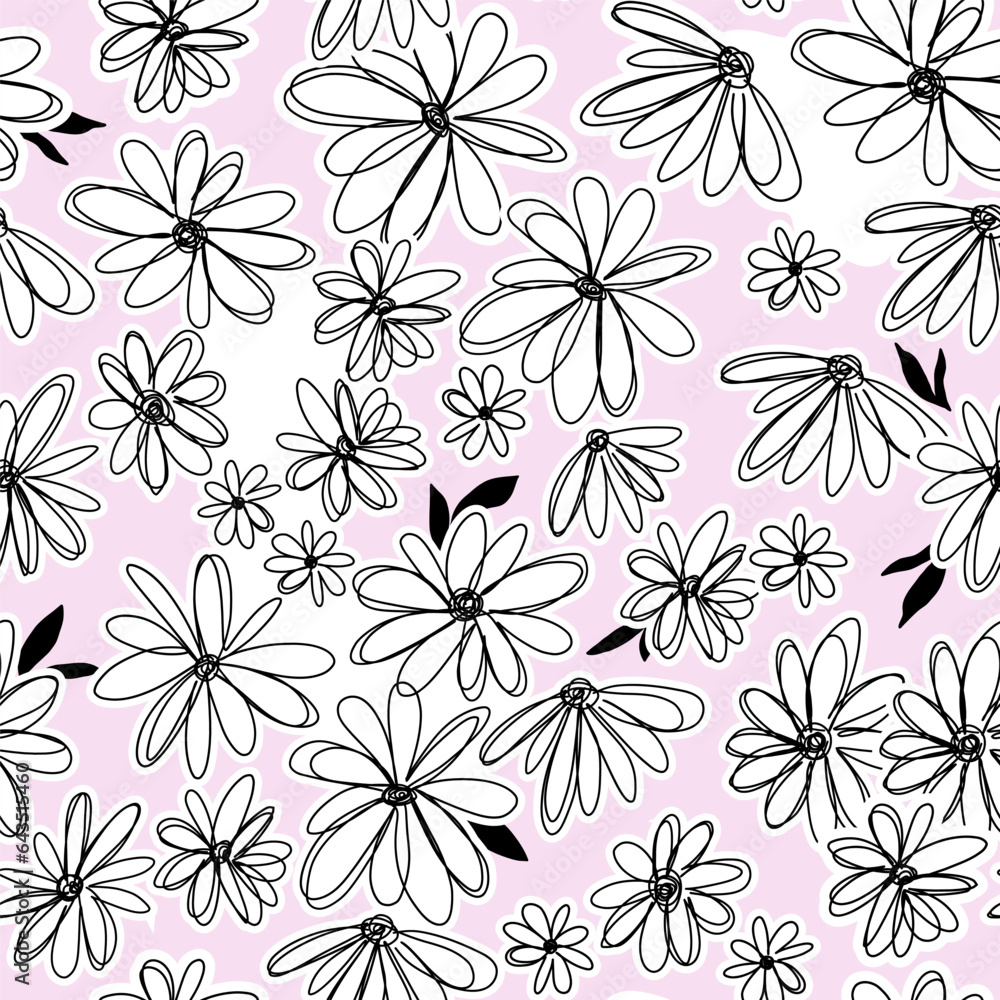 Seamless outline light pink flowers pattern. Monochrome vector botanical texture. Perfect for fabric, textile, wallpaper.
