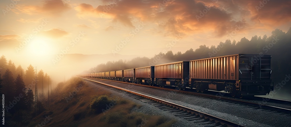 Fototapeta premium Sunlit railway track stretching into the horizon with misty morning beauty