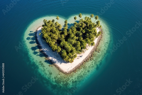 Aerial view of a heart shaped island in the middle of a tropical sea