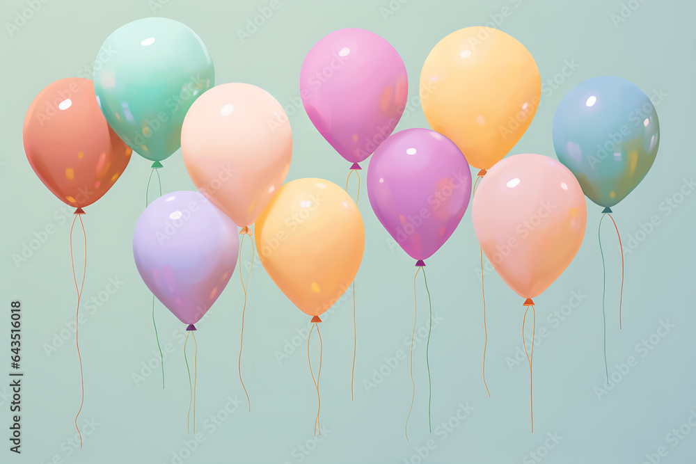 colorful background, balloons on a light green background, in the style of playful and whimsical imagery, pink and amber, light blue and gold, #myportfolio, shaped canvas, light purple and light navy,