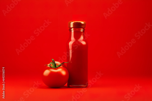 Glass bottle with tomato ketchup and some tomatoes isolated on red background  © Nate