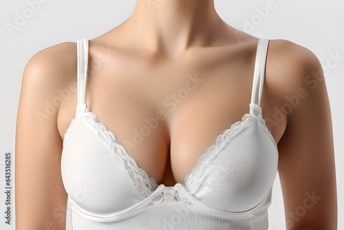 Woman with beautiful breast on white background, closeup. Front view
