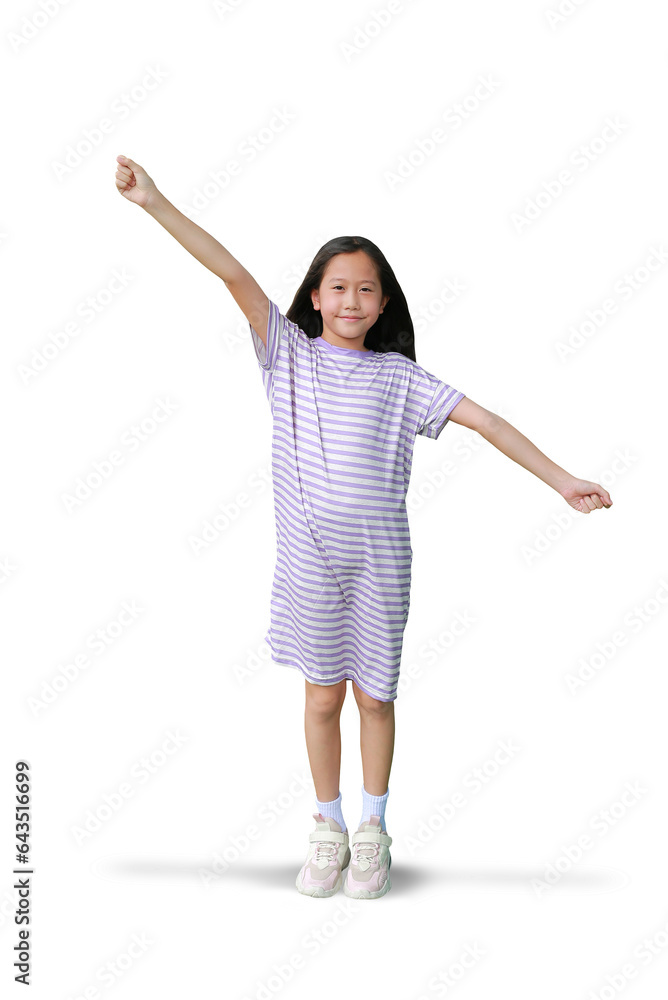 Pretty Asian girl arms outstretched posture or keeping arms raised gesture while standing isolated on white background. Image with Clipping path. Pretty Asian girl arms outstretched posture or keeping arms raised gesture while standing isolated on white background. Image with Clipping path.