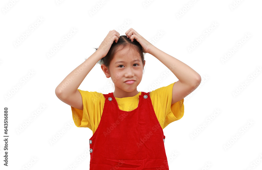 Shy Asian young girl make gesture scratching head isolated on white background. Shy Asian young girl make gesture scratching head isolated on white background.