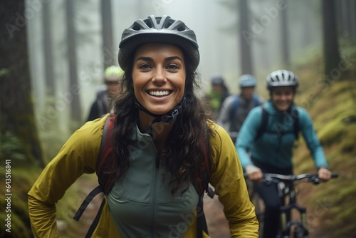 Smiling young woman in cycling gear riding her mountain bike with friends in a misty forest