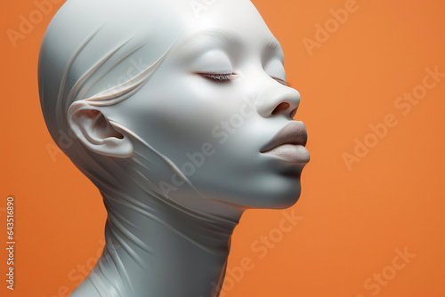 A striking albino woman with closed eyes, her unique features illuminated against a vibrant orange background. This surreal portrait blends the artificial and natural in artistic expression.
