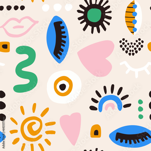 Seamless abstract pattern with hand drawn shapes, lips, eye, sun, heart. Vector summer modern texture. Vector illustration