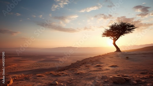 Silhouette of a lone tree in a vast desert landscape at dusk