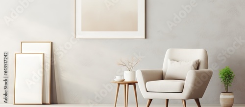 Minimalist living room with white armchair photo frames carpet table lamp decorations vase and personal items © vxnaghiyev