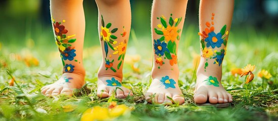 Smiling children s patterned feet on green grass with selective nature focus